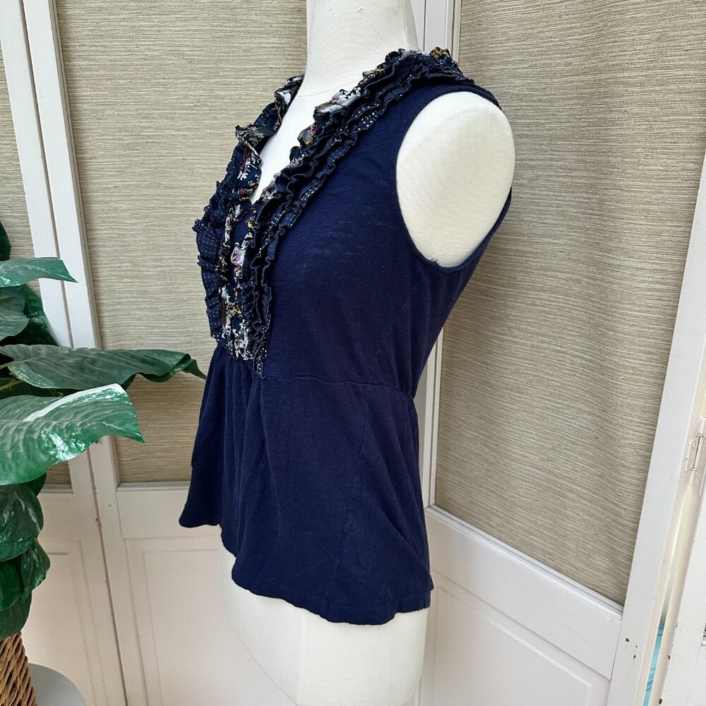 Anthropologie Deletta Ruffle Tank Top Floral Polka Dot Peplum Navy Medium - Picture 5 of 8